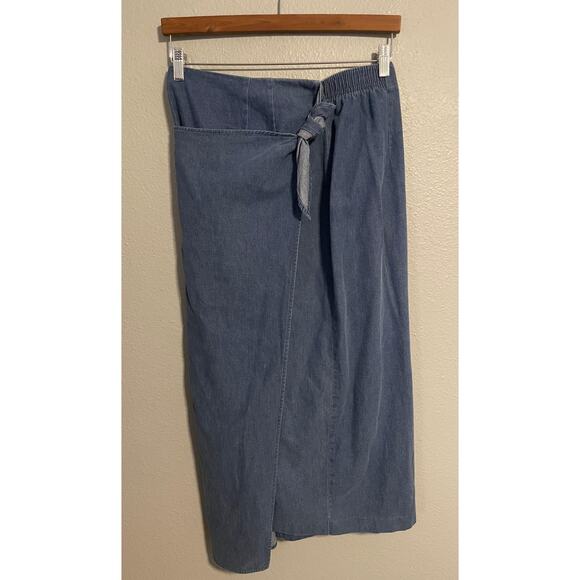 Vintage Starfire Skirt Womens 12 Blue Denim Midi Wrap Tie Elastic Waist USA 90s - Picture 1 of 7
